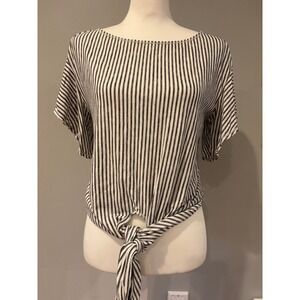 Max Studio Womens XS Black White Striped Flutter Sleeve Tie Front Knit Top